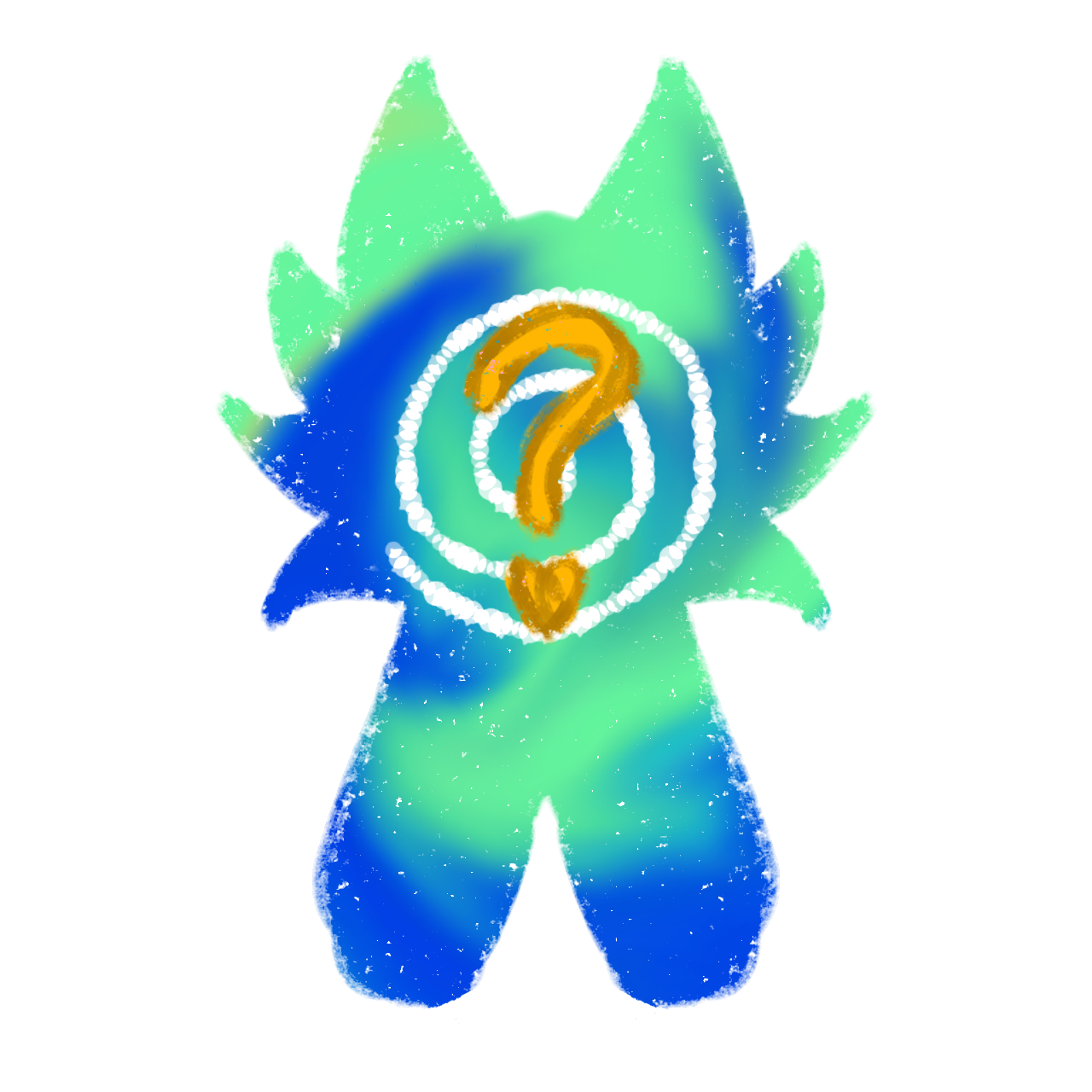 a teal and blue swirled creatures with fluffy ears there's a spiral on their face and a yellow question mark on top of it.